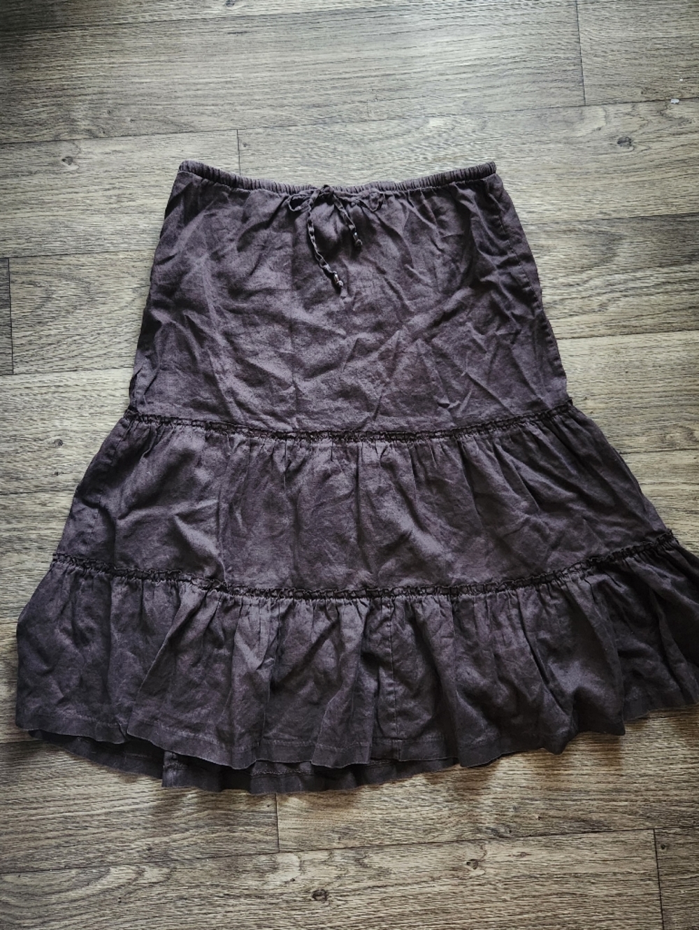 Lands' End Brown Linen Poplin Elastic Waist Tiered Midi Skirt Size Large